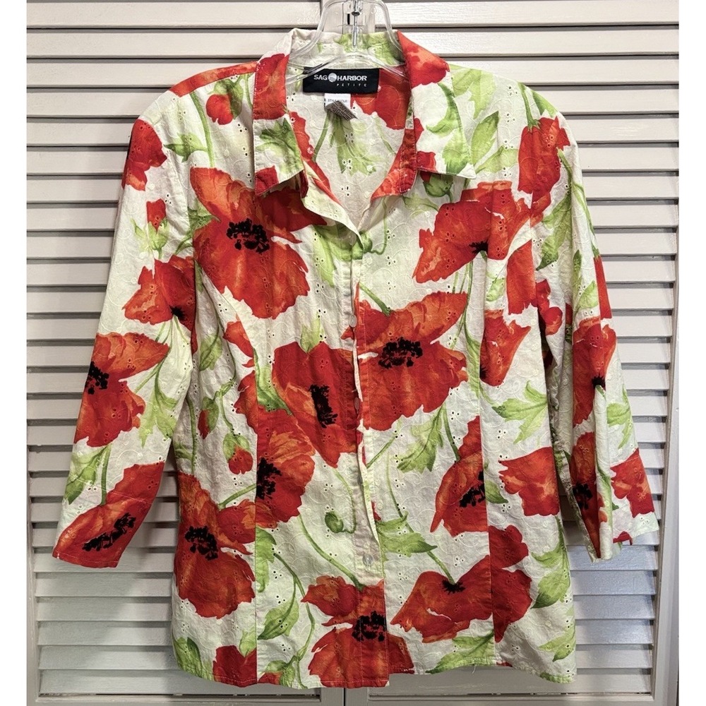 Sag Harbor Floral Poppy 3/4 Sleeve Button Up Blouse Size 14P Eyelet Collar